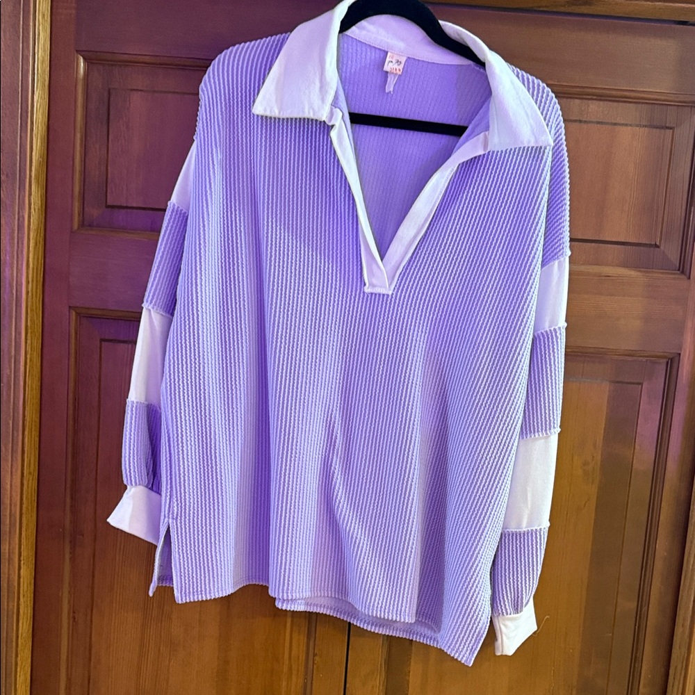 Striped Purple and White Collared Textured Long Sleeve Shirt